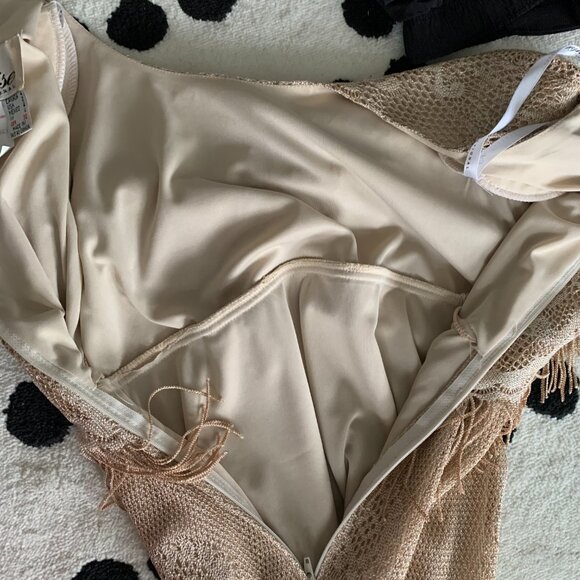 Vintage Maxi Dress Metallic Gold Lace Fringe Mother of the Bride Evening Gown - Picture 6 of 16